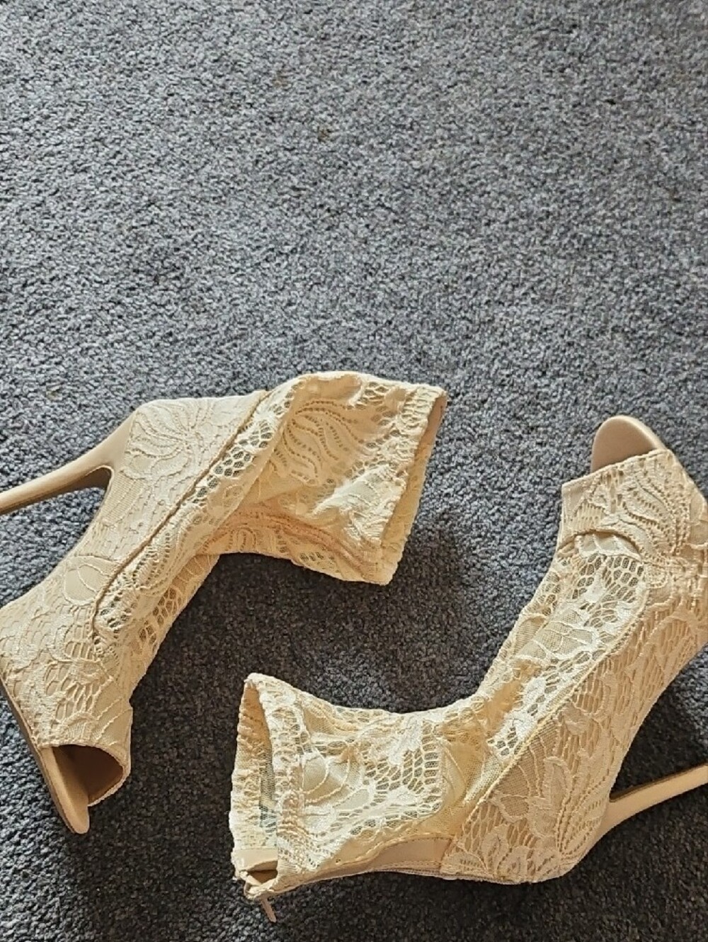 Lace Peep-Toe Stiletto Booties - Cream